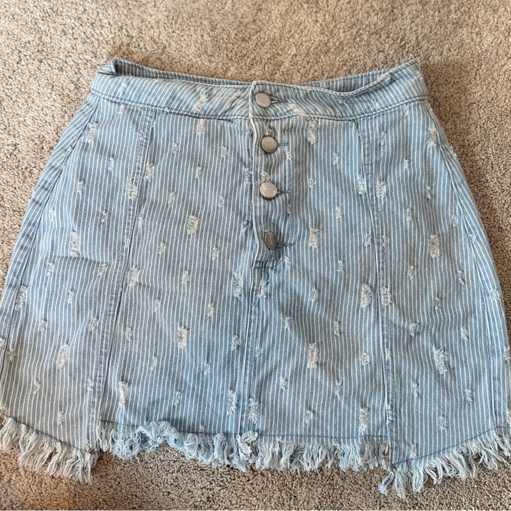 Le Lis Light Blue Distressed Denim Mini Skirt